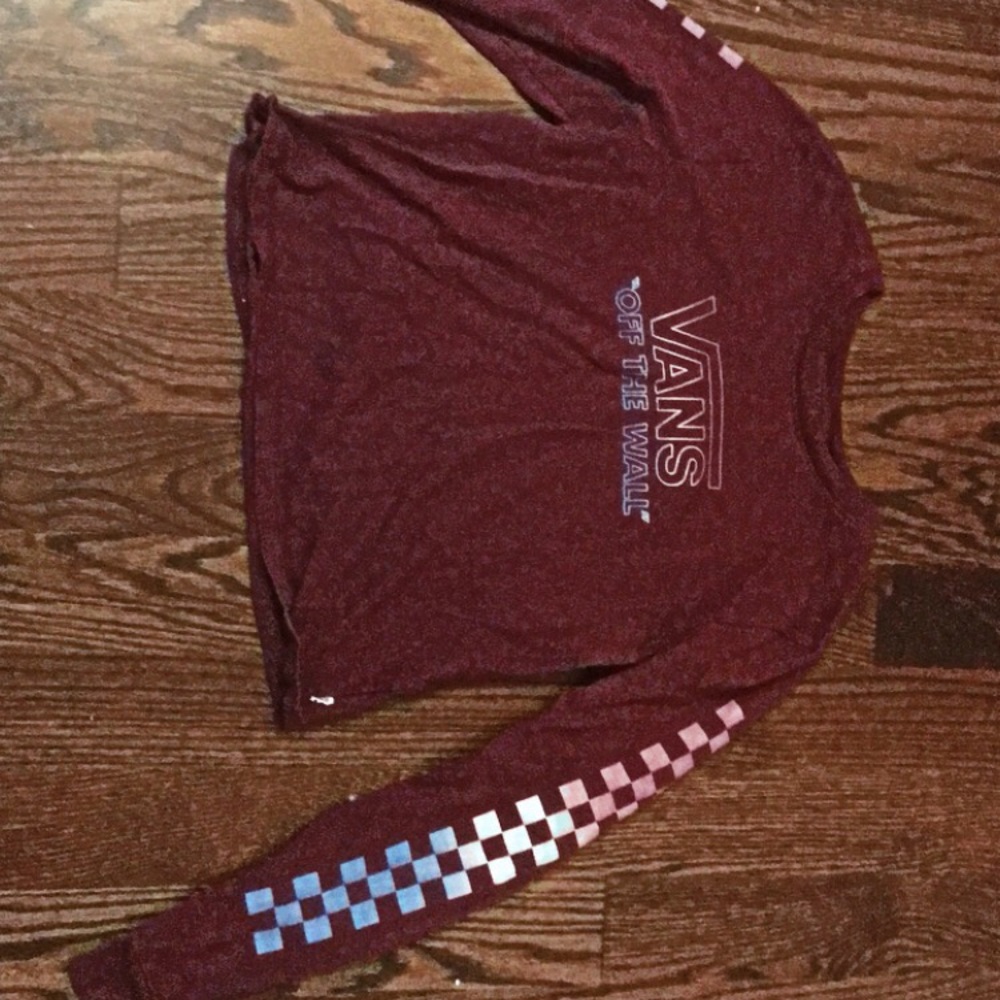 A maroon vans off-the-wall long sleeve tee.